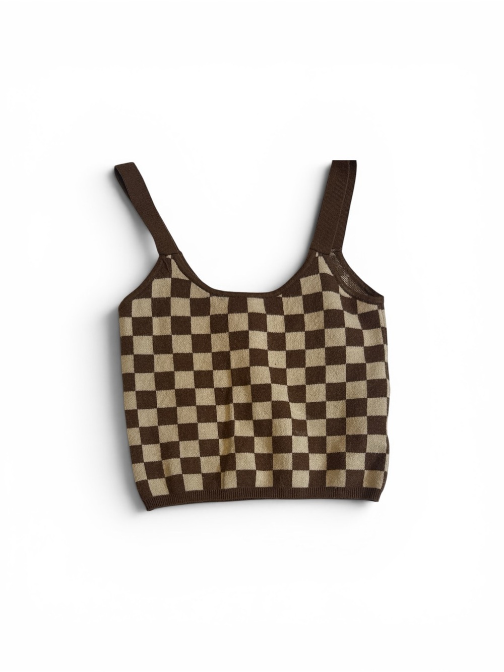 Checker Knit Crop Tank Top in Brown/Cream